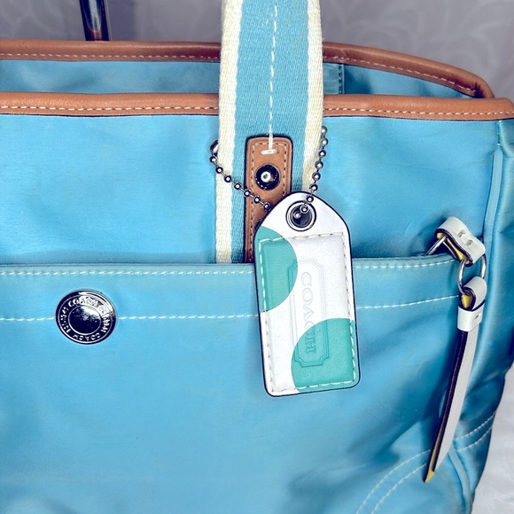 COACH Hampton aqua blue and white double handles nylon/satin satchel.  #F11993 - Picture 3 of 15